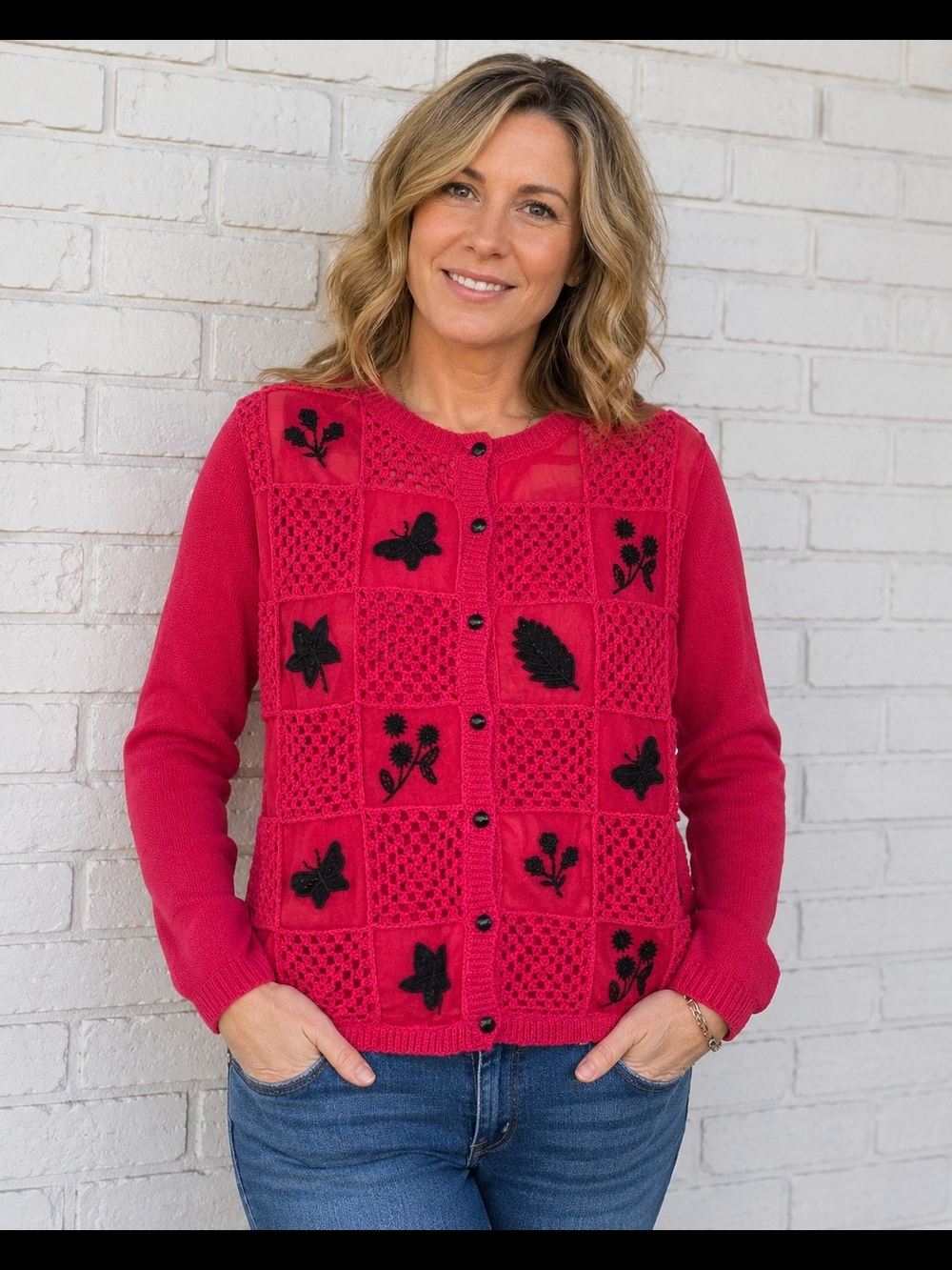 Teddi Patchwork Crochet Mesh Embellished Cardigan Sweater Red Black M